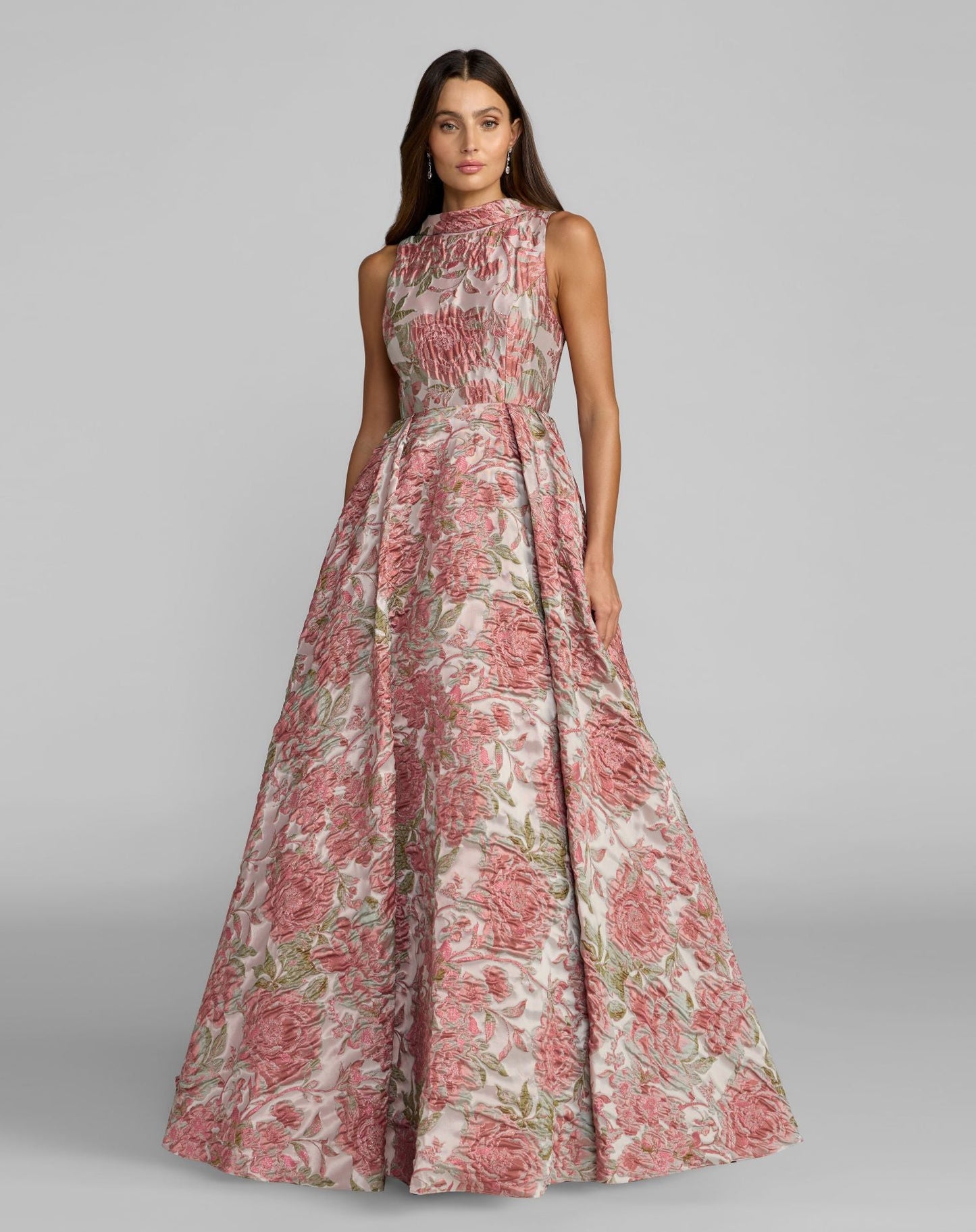Pink Sleeveless Brocade V-Back Ball Gown