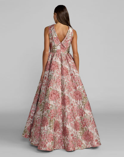 Pink Sleeveless Brocade V-Back Ball Gown