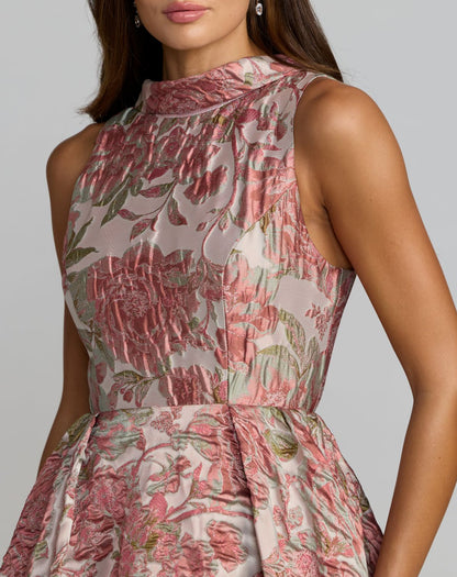 Pink Sleeveless Brocade V-Back Ball Gown