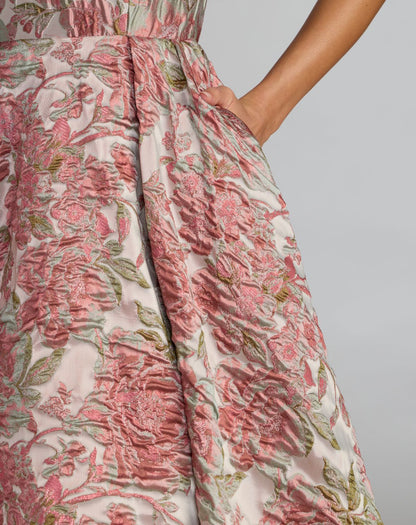 Pink Sleeveless Brocade V-Back Ball Gown