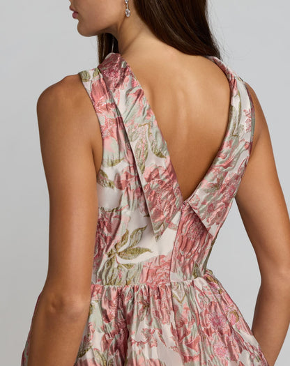 Pink Sleeveless Brocade V-Back Ball Gown