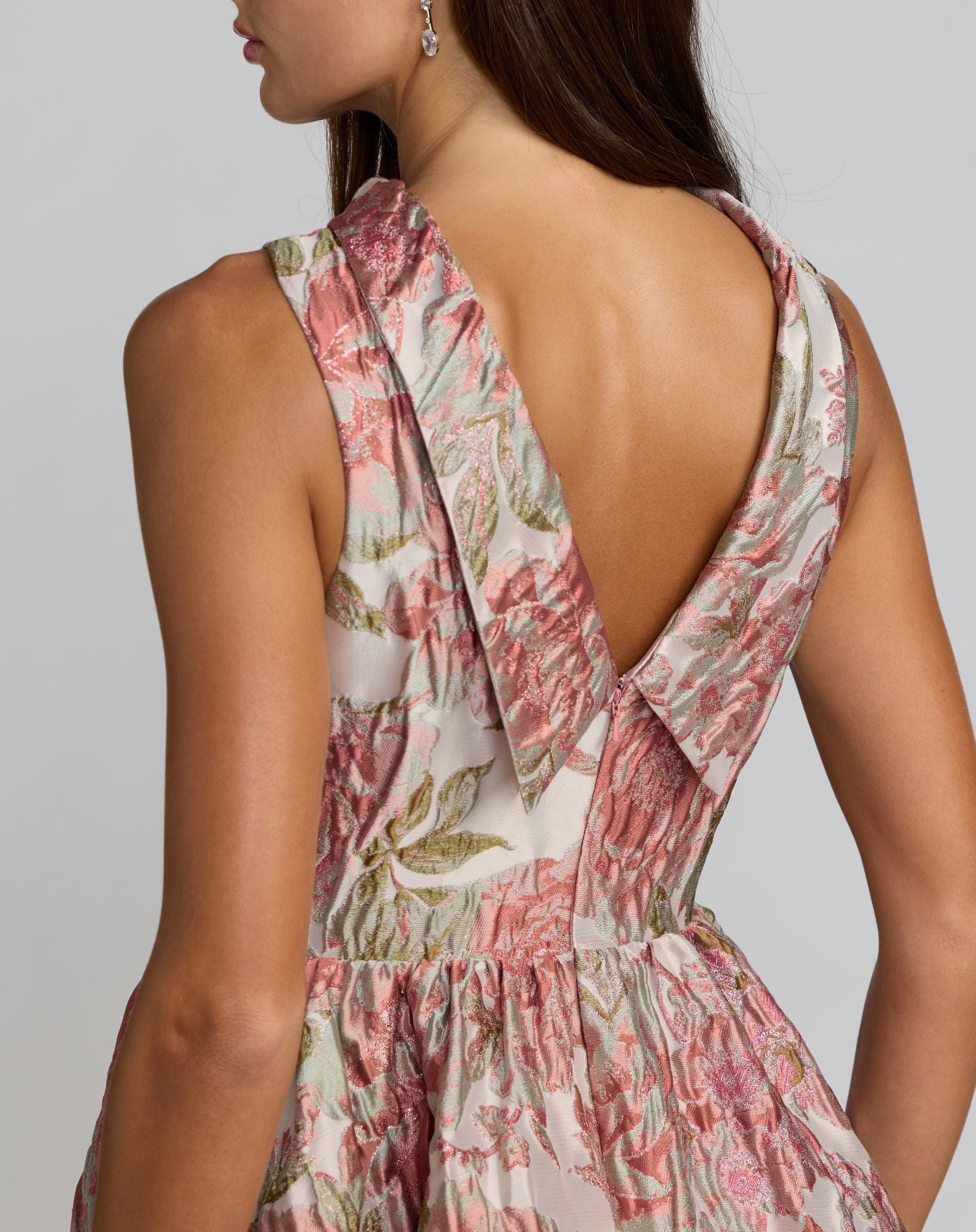 Pink Sleeveless Brocade V-Back Ball Gown
