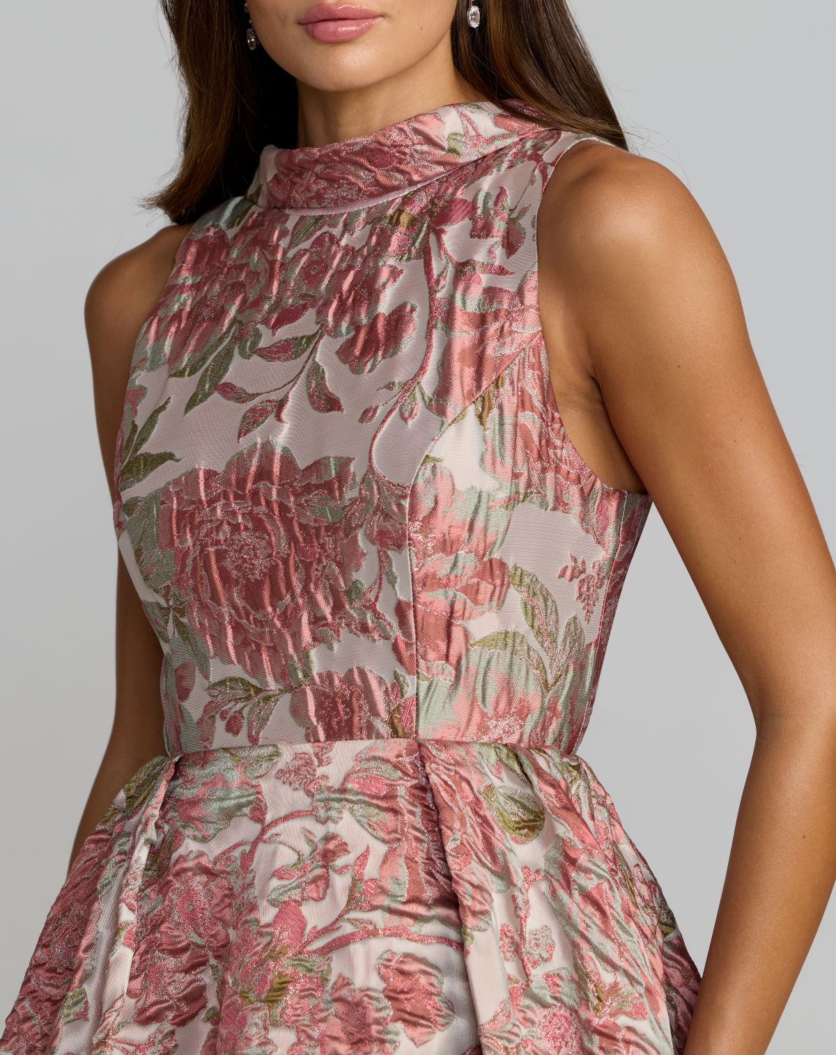 Pink Sleeveless Brocade V-Back Ball Gown