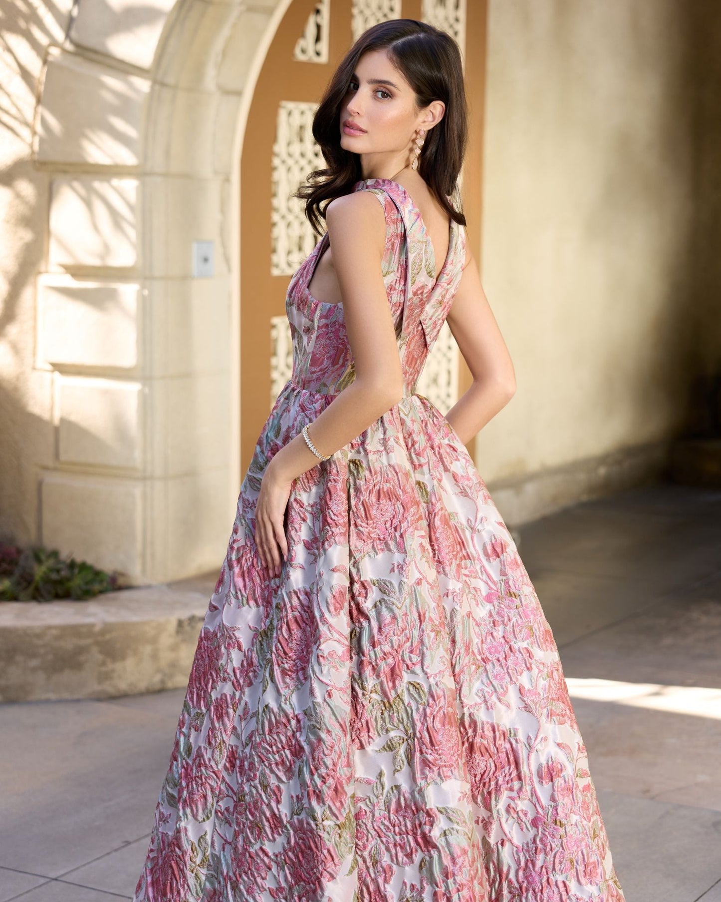 Pink Sleeveless Brocade V-Back Ball Gown