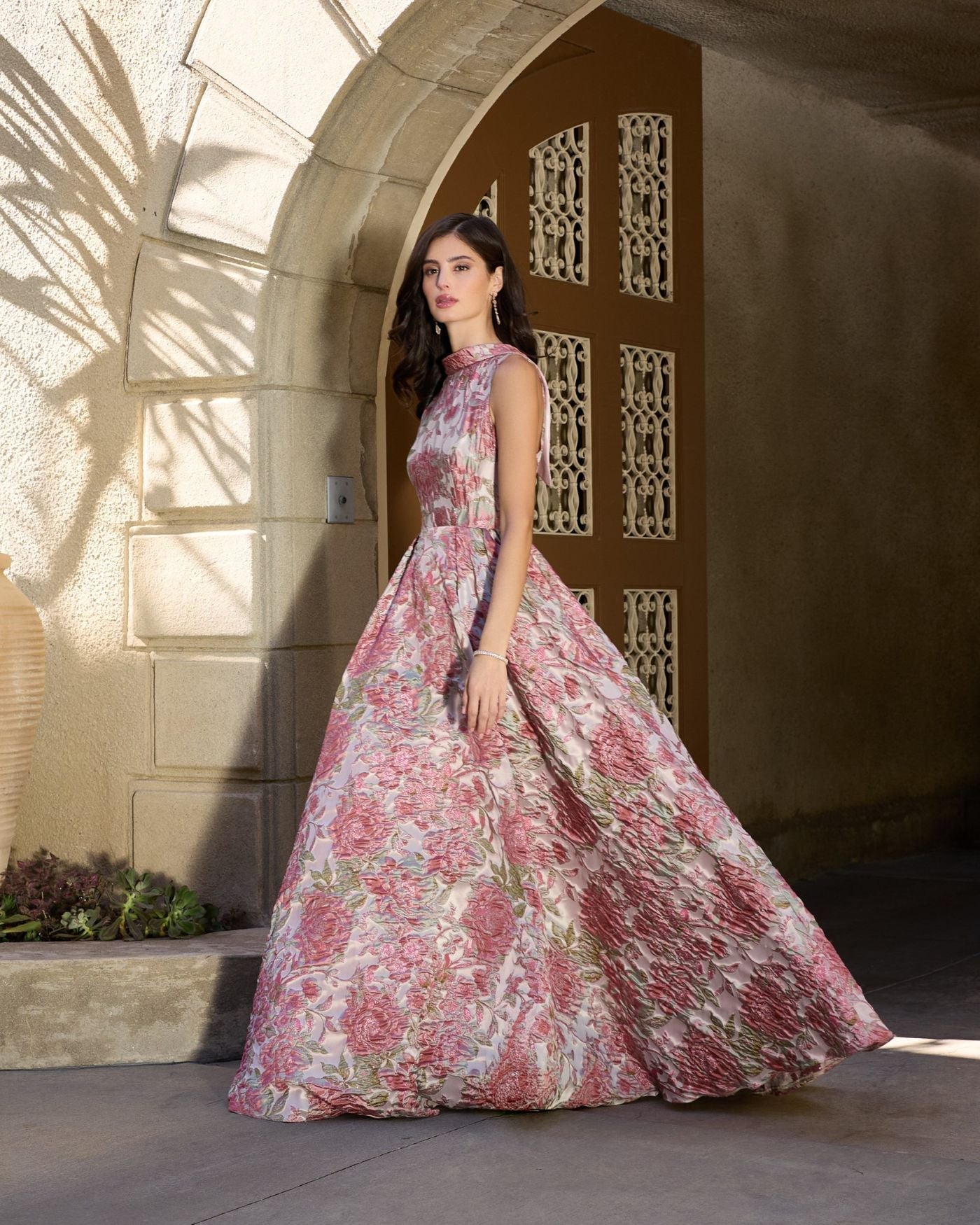 Pink Sleeveless Brocade V-Back Ball Gown