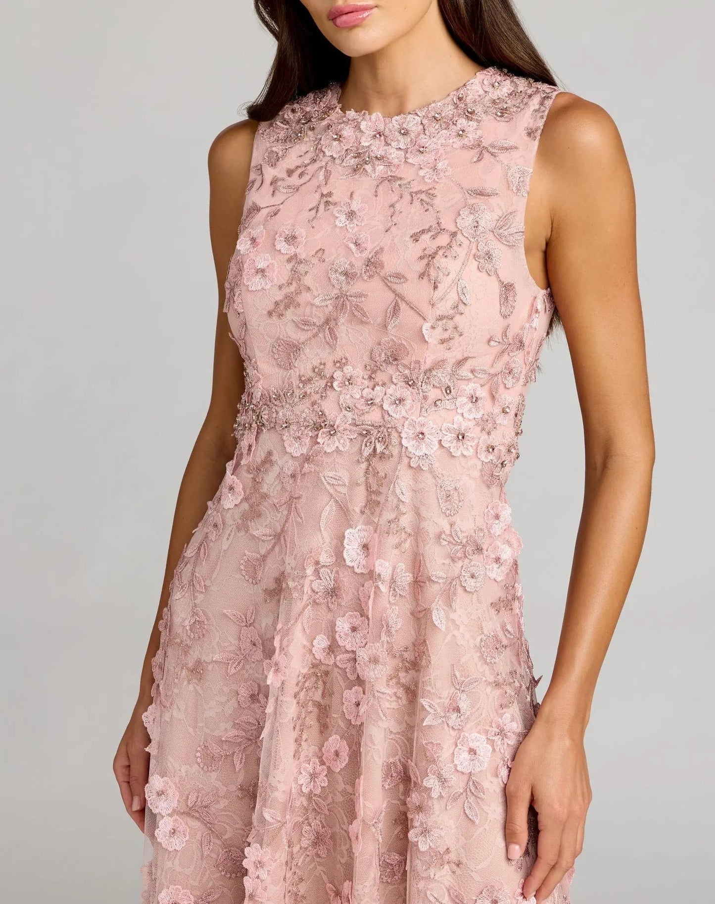 Pink Floral Embroidered High Neck Midi Dress