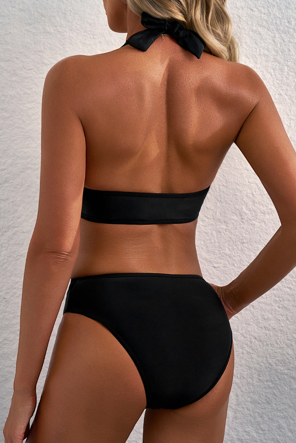 Hazel Blues® | Black Sheer Mesh Edged Halter V Neck Push Up Bikini