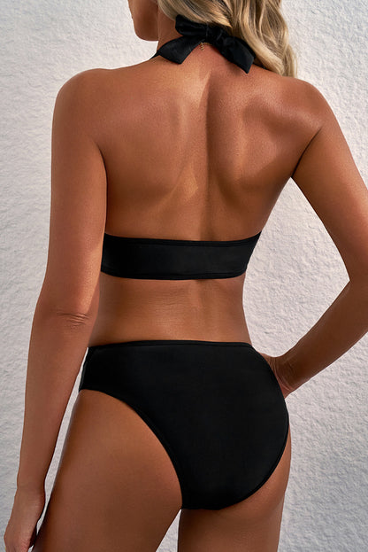 Hazel Blues® | Black Sheer Mesh Edged Halter V Neck Push Up Bikini