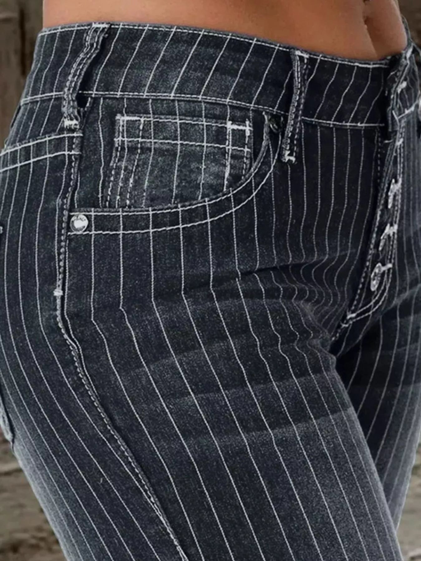 Hazel Blues® |  Striped Button Fly Flare Jeans