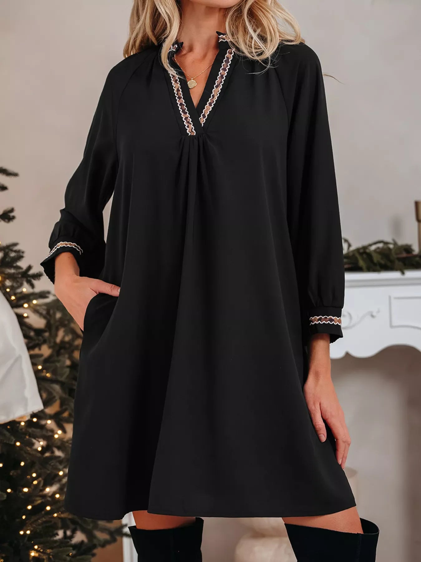 Hazel Blues® |  Contrast Trim Bracelet Sleeve Shift Mini Dress