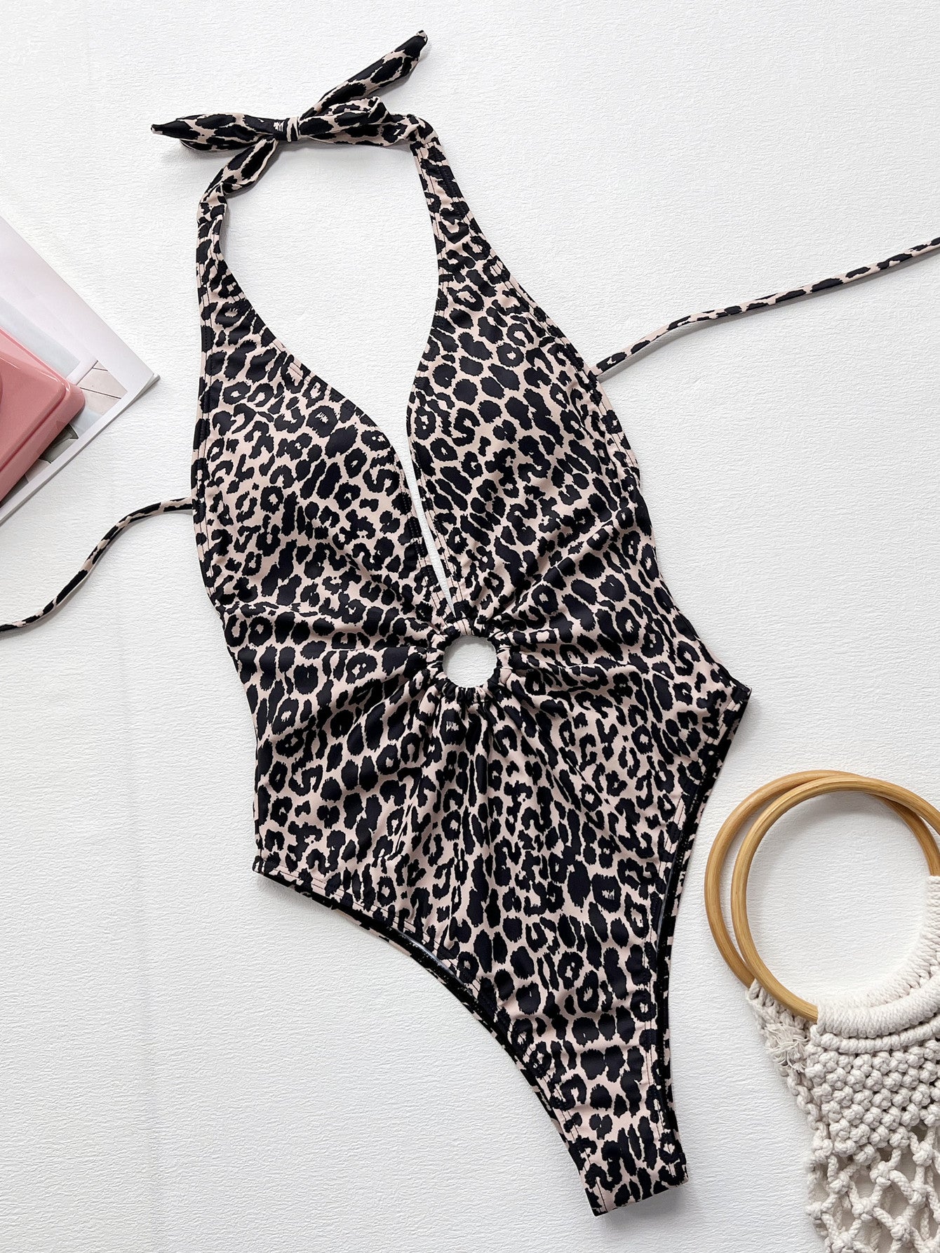 Hazel Blues® | Leopard Halter Neck Ring Detail One-Piece Swimsuit