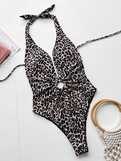 Hazel Blues® | Leopard Halter Neck Ring Detail One-Piece Swimsuit