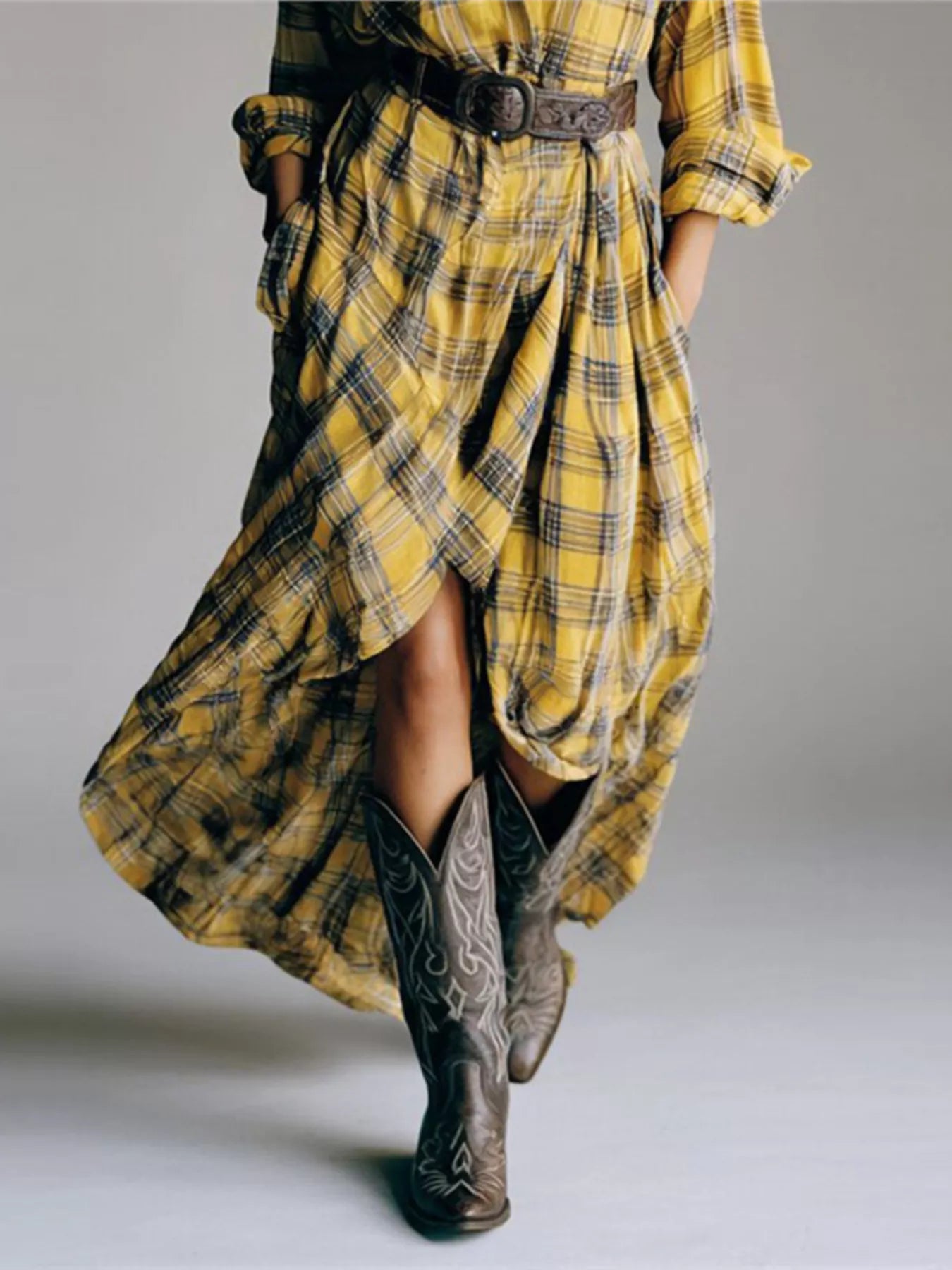 Hazel Blues® | Plaid High-Low Long Sleeve Shirt Dress