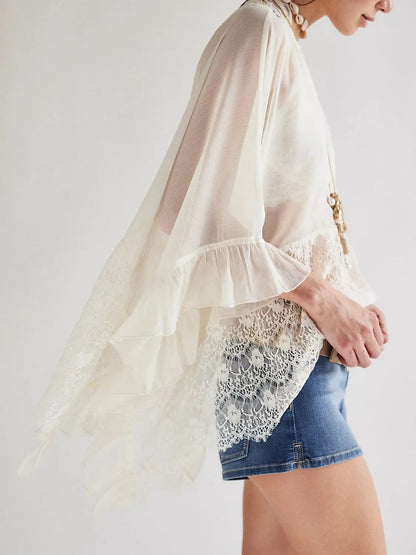 Hazel Blues® | Lace V-Neck Ruffle Long Sleeve Cover-Up