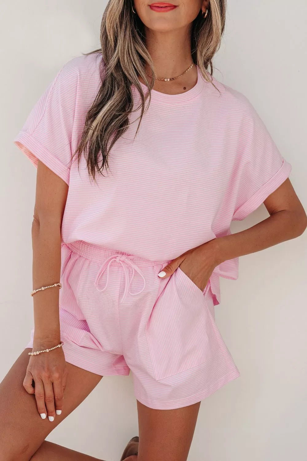 Hazel Blues® |  Stripe Matching Oversized Tee and Drawstring Shorts Set