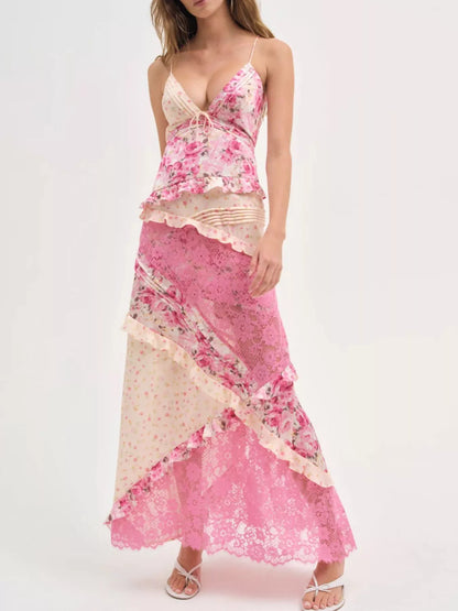 Hazel Blues® |  Lace Floral Print Ruffle Trim Maxi Dress