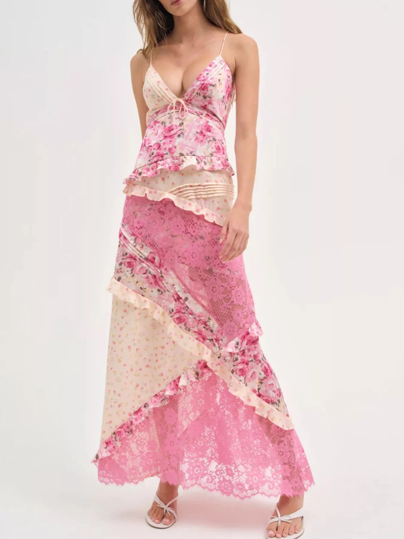Hazel Blues® |  Lace Floral Print Ruffle Trim Maxi Dress