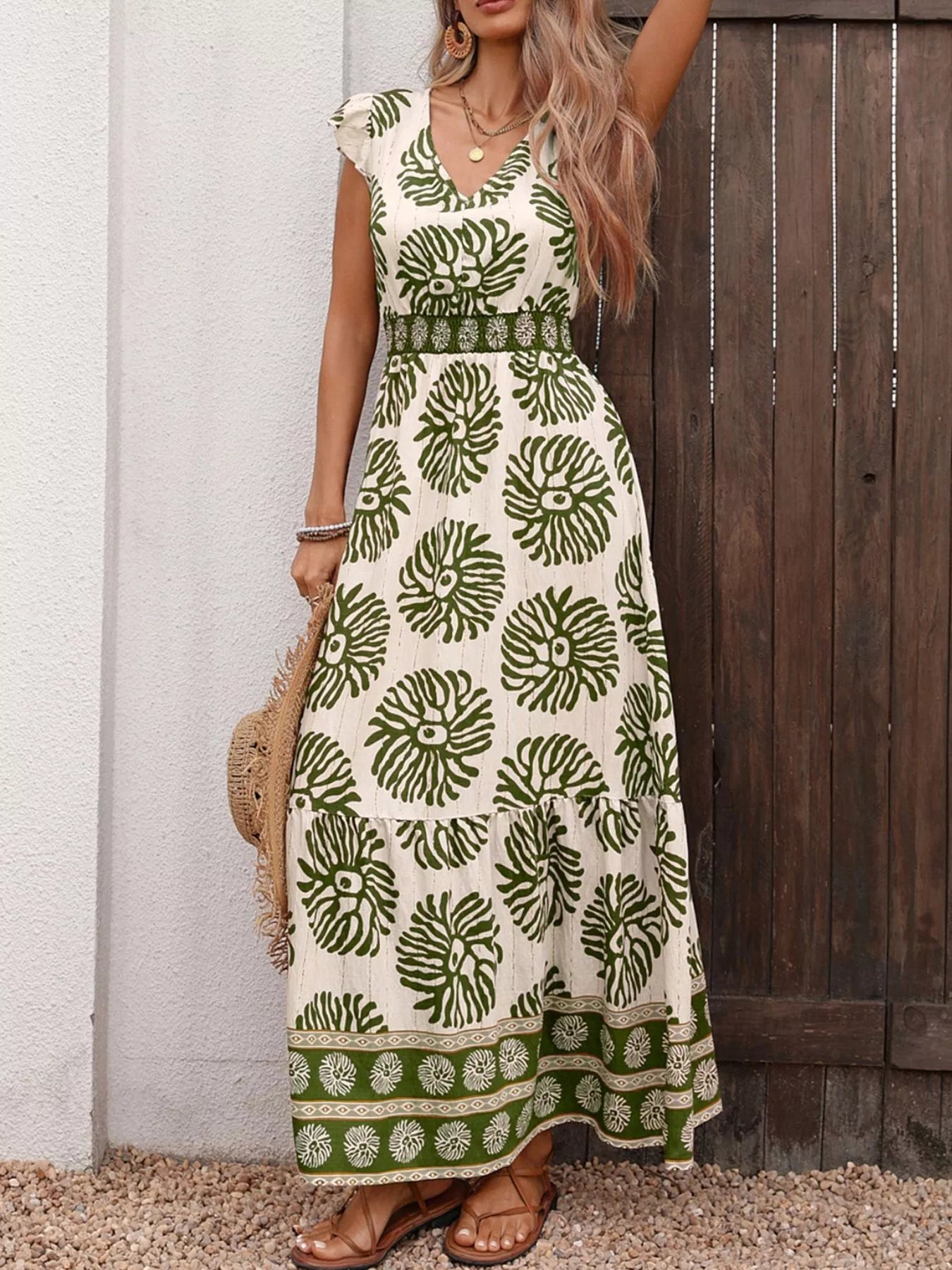 Hazel Blues® |  Printed V-Neck Cap Sleeve Maxi Dress