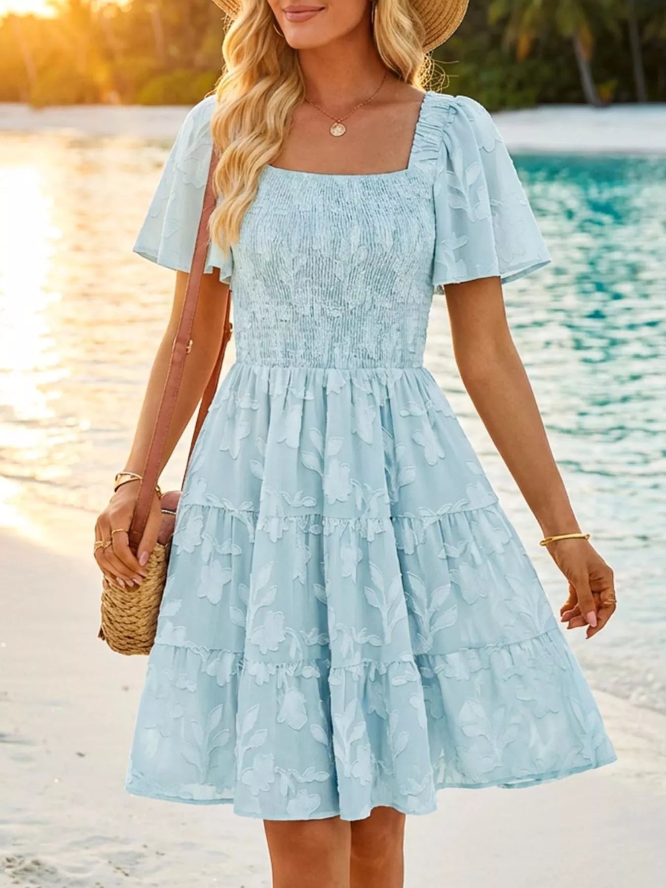 Hazel Blues® |  Smocked Square Neck Tiered Mini Dress