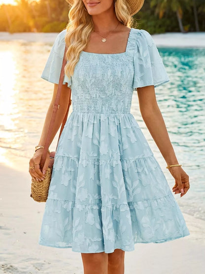 Hazel Blues® |  Smocked Square Neck Tiered Mini Dress