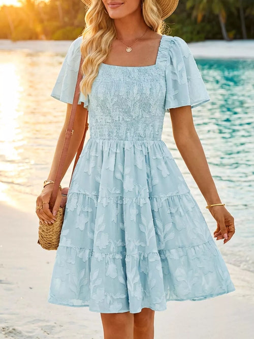 Hazel Blues® |  Smocked Square Neck Tiered Mini Dress