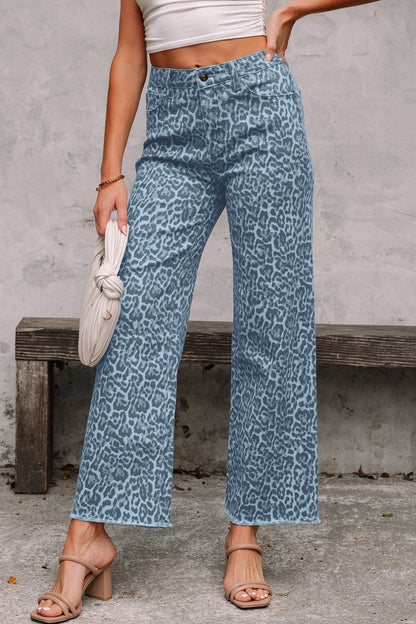 Hazel Blues® |  Gray Leopard Frayed Edge Wide Leg High Waist Jeans