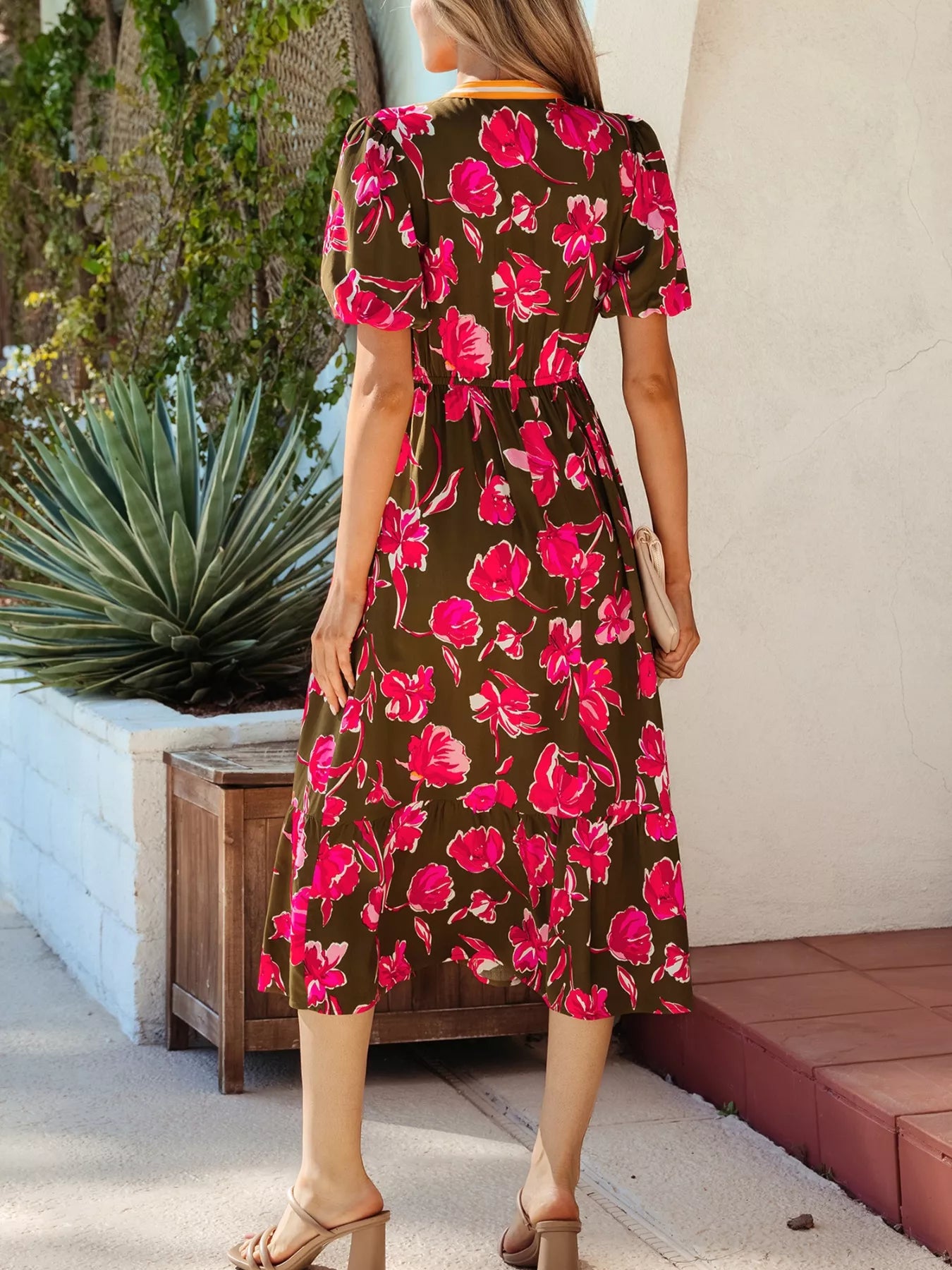 Hazel Blues® |  Floral Print Split Neck Short Puff Sleeve Ruffle Hem Dress