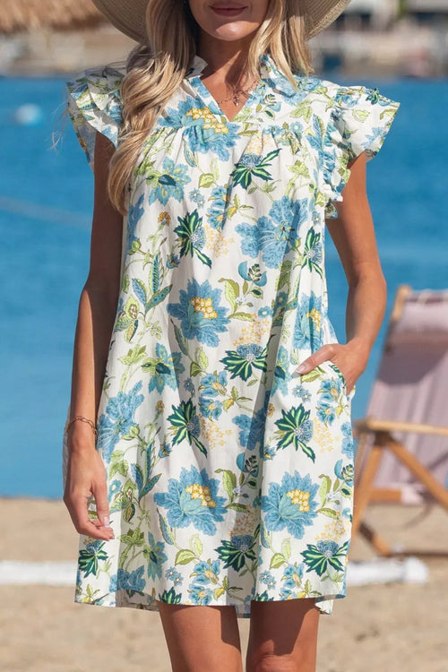 Hazel Blues® |  Floral Print V Neck Triple Ruffle Short Sleeve Shift Mini Dress