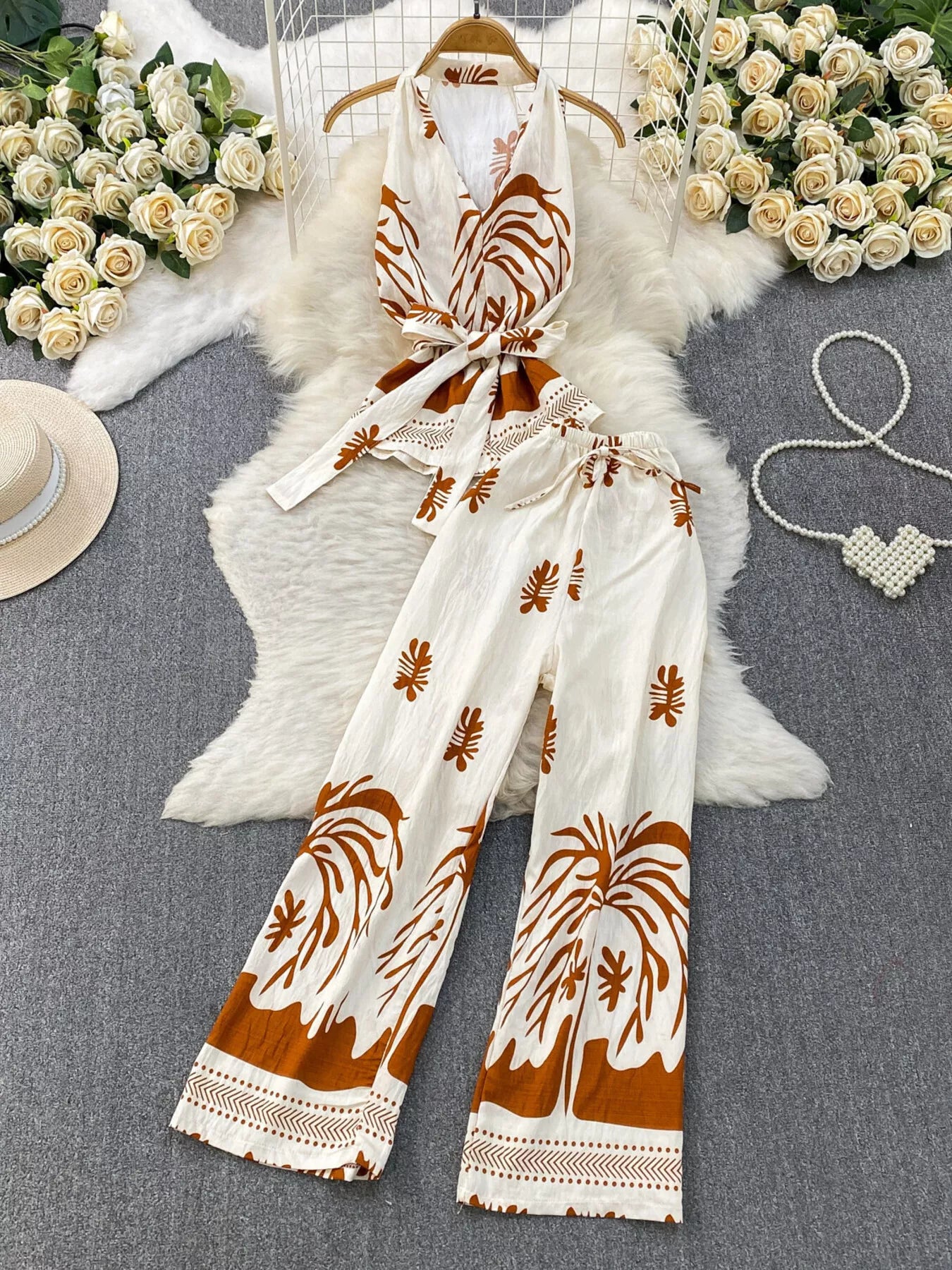 Hazel Blues® |  Printed Sleeveless Top and Wide Leg Pants Set