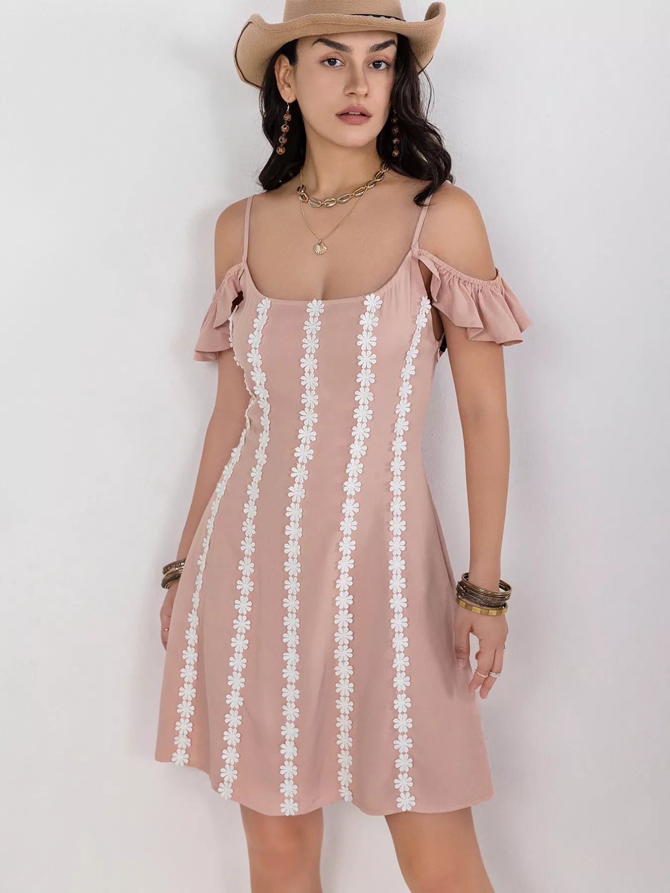 Hazel Blues® |  Floral Lace Trim Cold Shoulder A-Line Dress