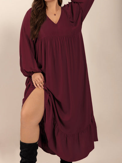 Hazel Blues® | Ruffled Hem V-Neck Balloon Sleeve Dress
