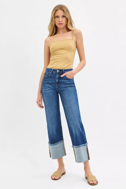 Hazel Blues® | RISEN Mid Rise Crop Wide Wide Cuffed Jeans
