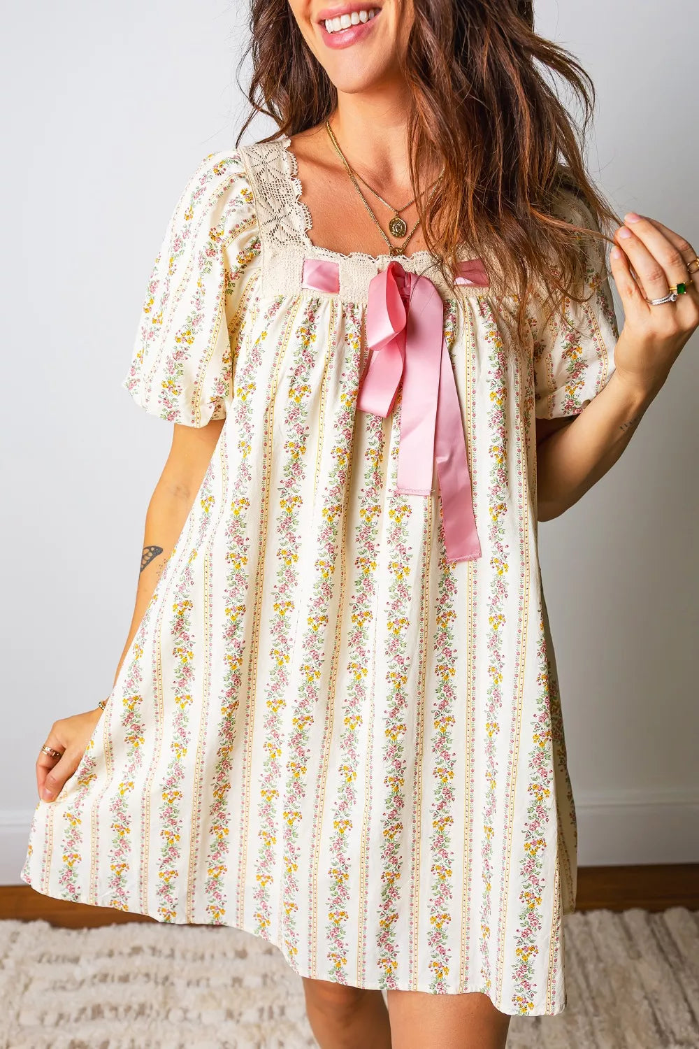 Hazel Blues® |  Multicolour Floral Print Contrast Ribbon Bow Lace Trim Square Neck Mini Dress