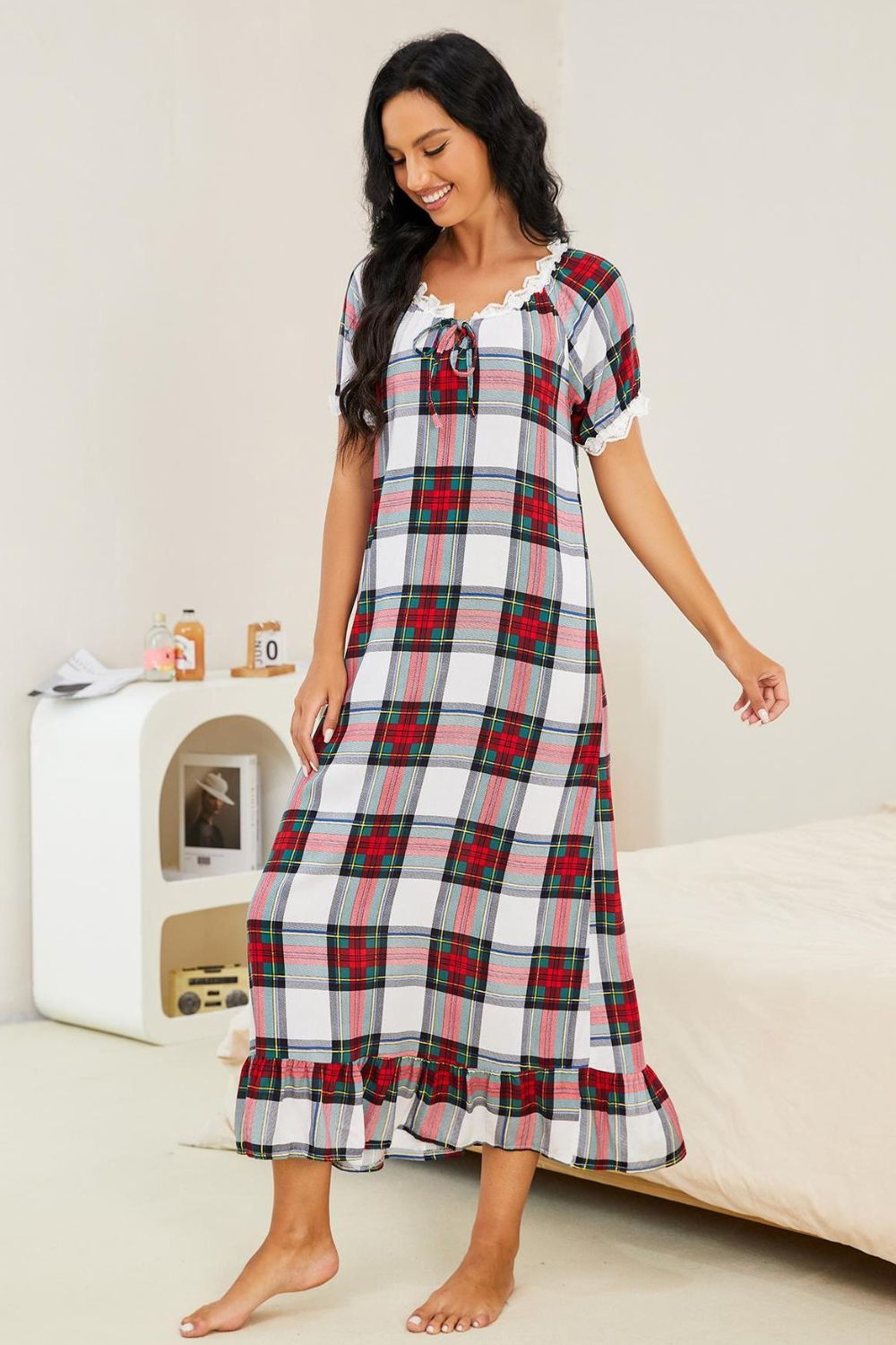 Hazel Blues® |  Plaid Lace Trim Ruffle Hem Night Dress