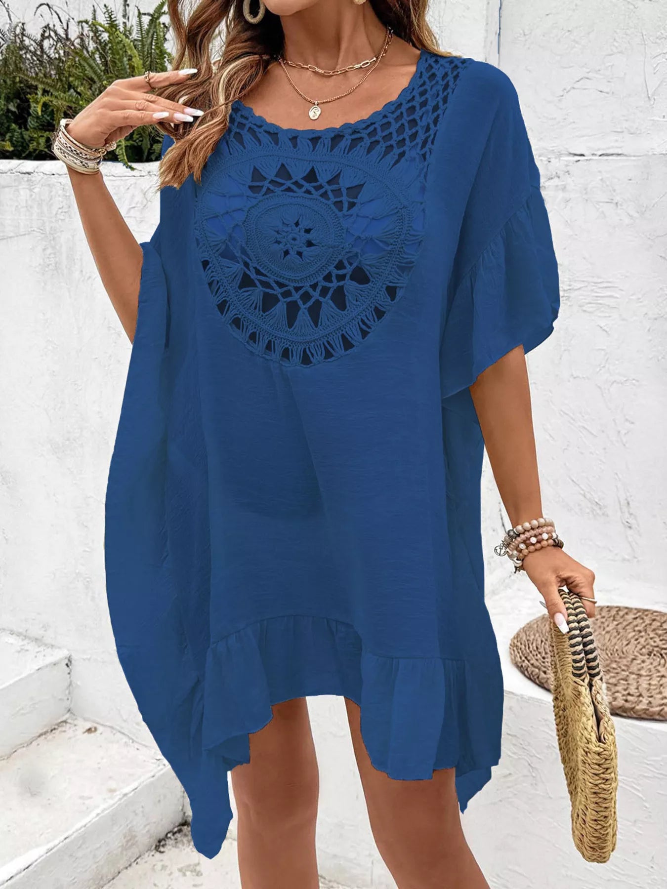 Hazel Blues® | Crochet Trim Ruffled Hem Cover-Up Dress