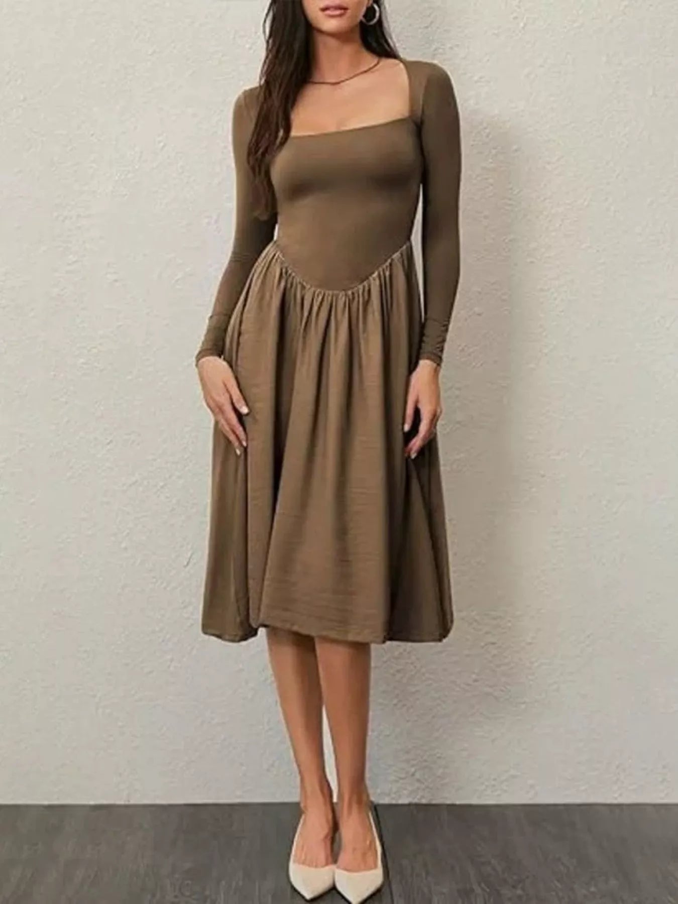 Hazel Blues® |  Square Neck Long Sleeve Midi Dress