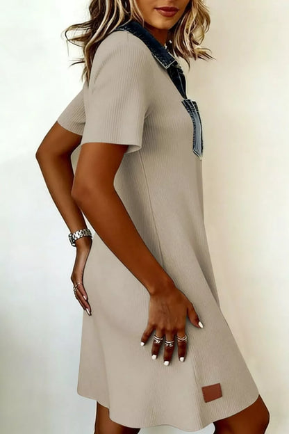 Hazel Blues® |  Casual Ribbed Knit Denim Trim Mini Dress
