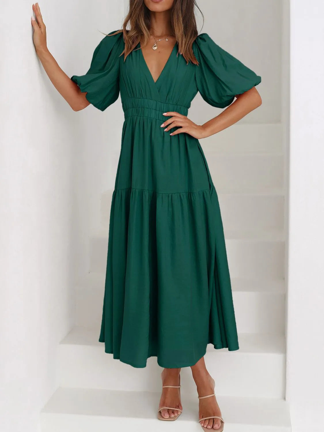 Hazel Blues® |  V-Neck Puff Sleeve Midi Dress