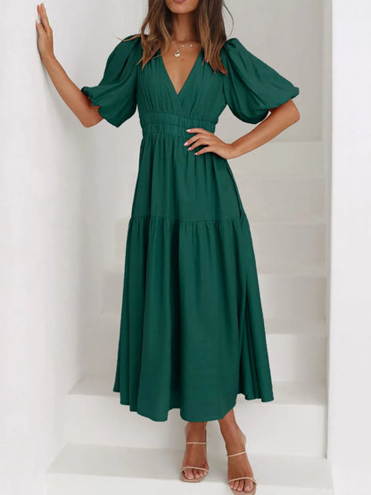 Hazel Blues® |  V-Neck Puff Sleeve Midi Dress