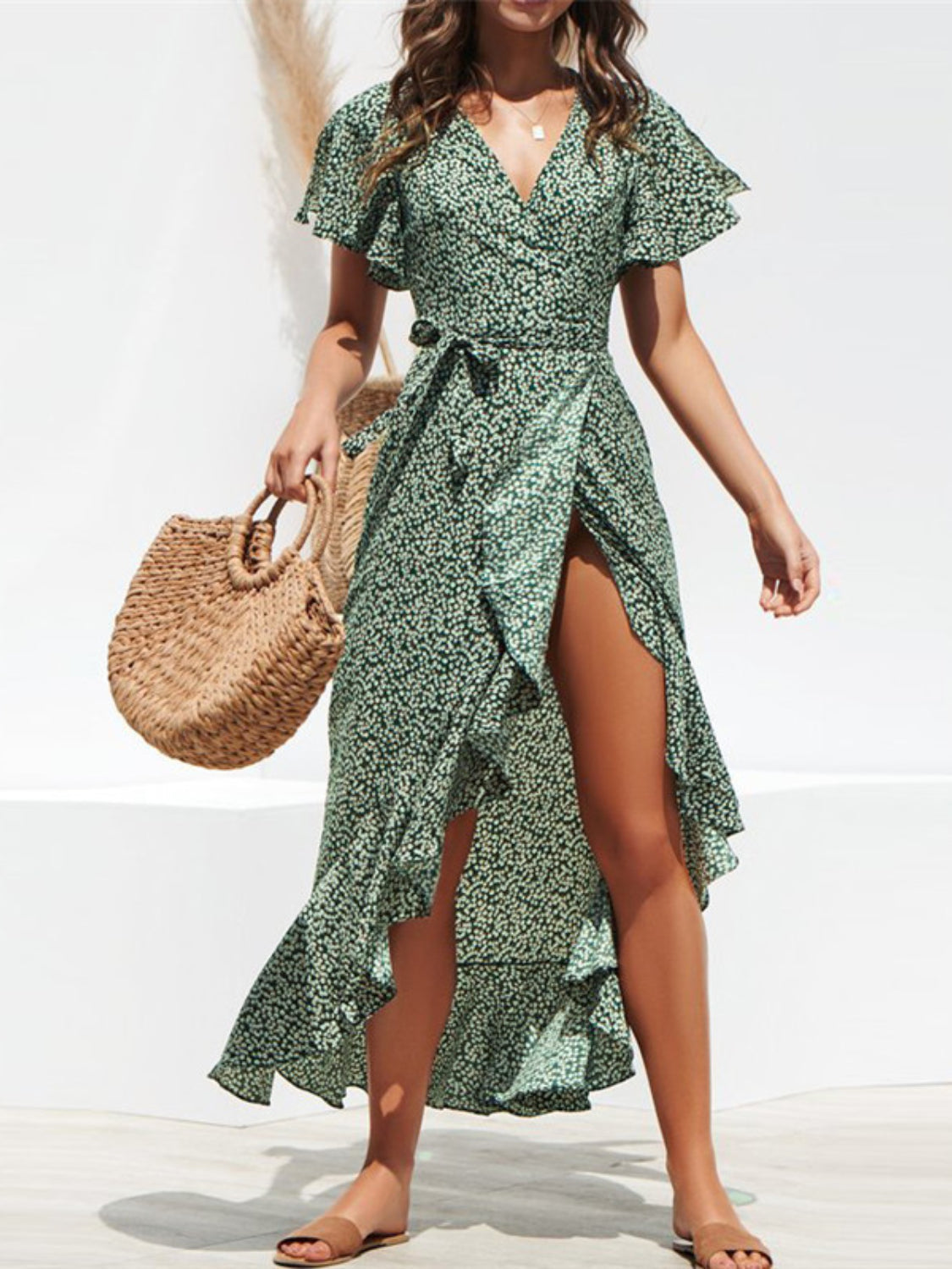 Hazel Blues® |  Tied Ruffled Printed Short Sleeve Midi Wrap Dress