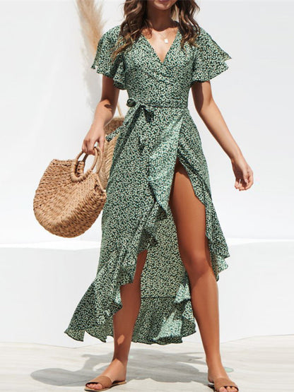 Hazel Blues® |  Tied Ruffled Printed Short Sleeve Midi Wrap Dress