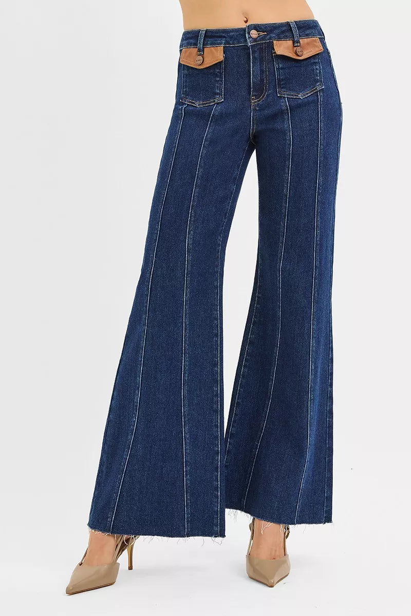 Hazel Blues® |  RISEN High Rise Wide Flare Jeans with Front Leather Pocket Detail