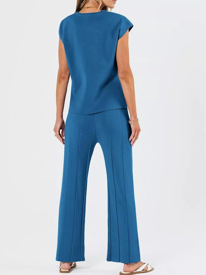 Hazel Blues® |  Casual Solid Color Cap Sleeve Top and Pants Knit Set