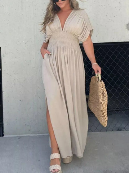Hazel Blues® | Slit V-Neck Smocked Waist Maxi Dress