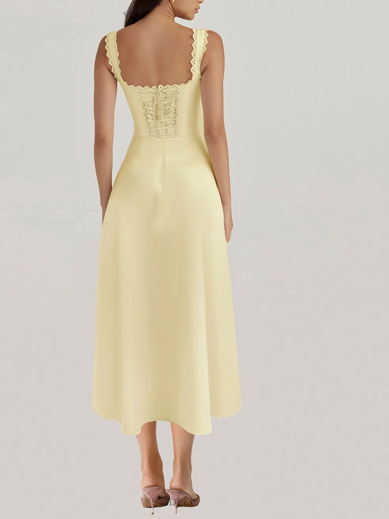 Hazel Blues® |  Scalloped V-Neck Midi Dress with Back Lace-Up