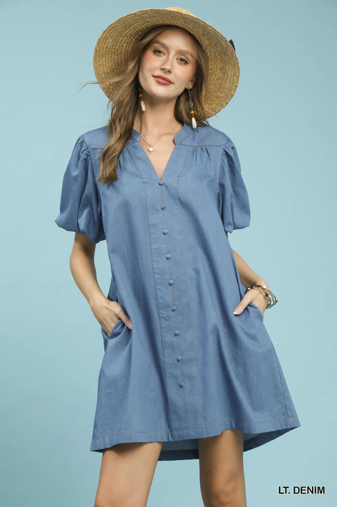 Hazel Blues® |  Umgee Chambray Puff Sleeve Dress