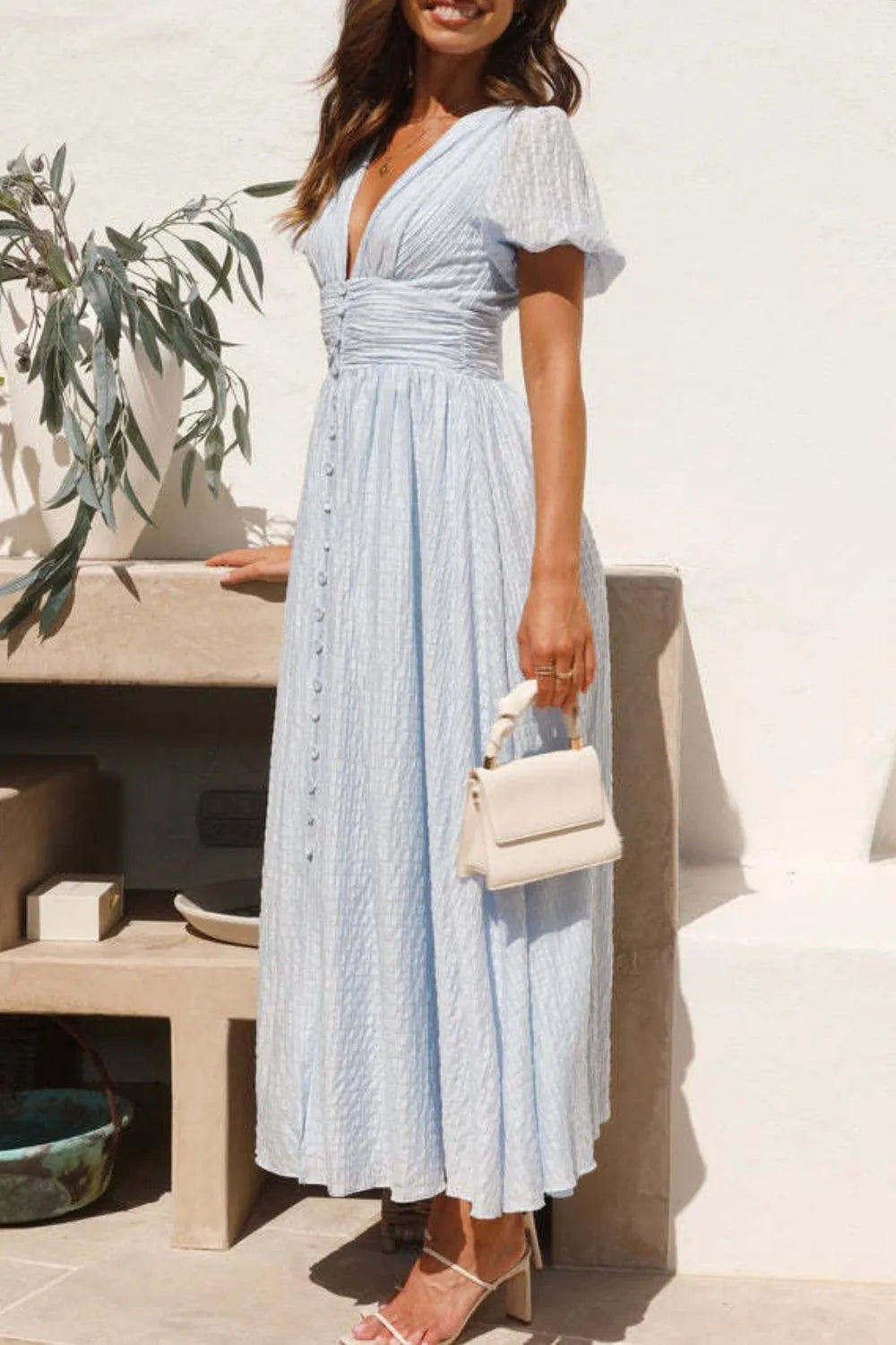 Hazel Blues® |  V-Neck Puff Short Sleeve Midi Dress