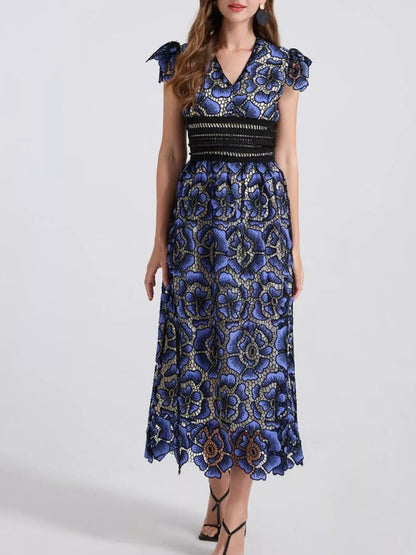 Hazel Blues® |  Printed V-Neck Ruffle Sleeve Midi Dress