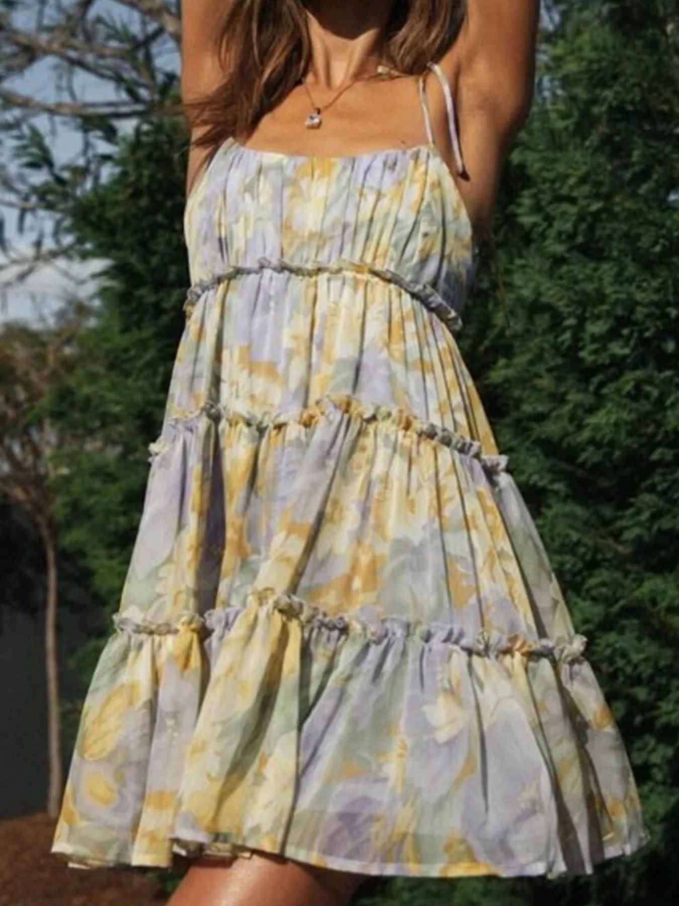 Hazel Blues® |  Printed Tie-Strap Tiered Mini Dress