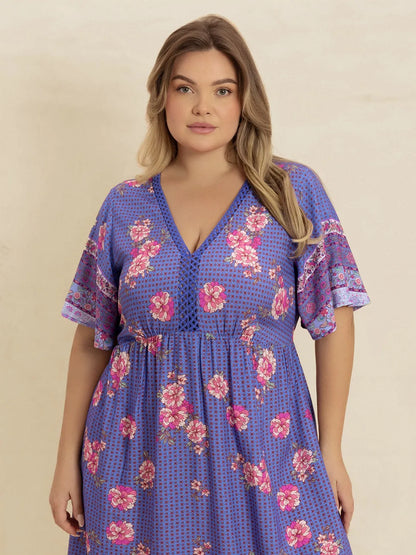 Hazel Blues® | Printed V-Neck Flutter Sleeve Dress